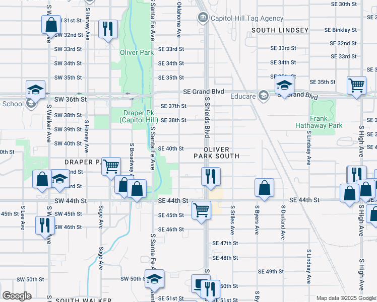 map of restaurants, bars, coffee shops, grocery stores, and more near 126 Southeast 40th Street in Oklahoma City