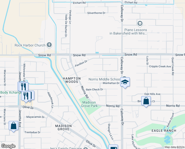 map of restaurants, bars, coffee shops, grocery stores, and more near 10114 Salerosa Court in Bakersfield
