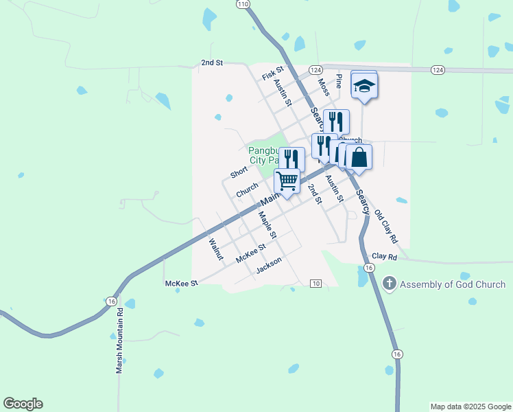 map of restaurants, bars, coffee shops, grocery stores, and more near 409 Maple Street in Pangburn