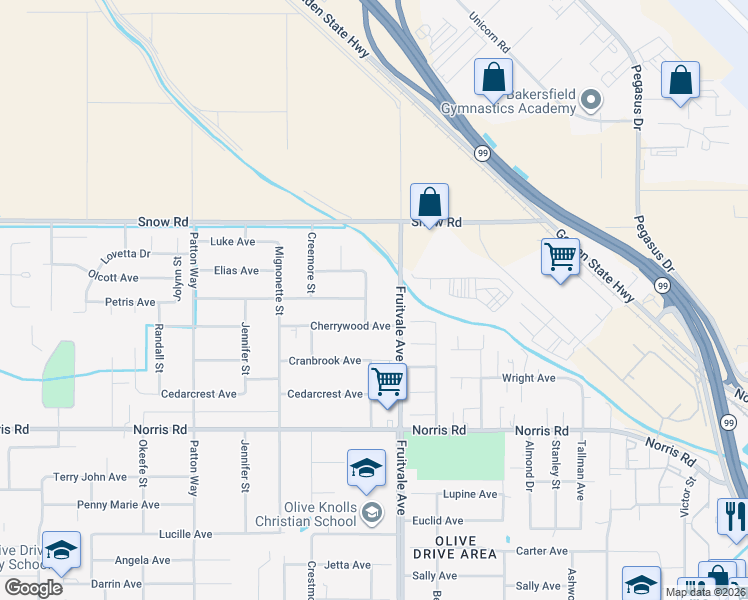 map of restaurants, bars, coffee shops, grocery stores, and more near 6912 Crestwood Street in Bakersfield