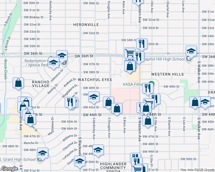map of restaurants, bars, coffee shops, grocery stores, and more near 4100 South Douglas Avenue in Oklahoma City
