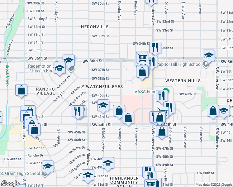 map of restaurants, bars, coffee shops, grocery stores, and more near 4100 South Douglas Avenue in Oklahoma City