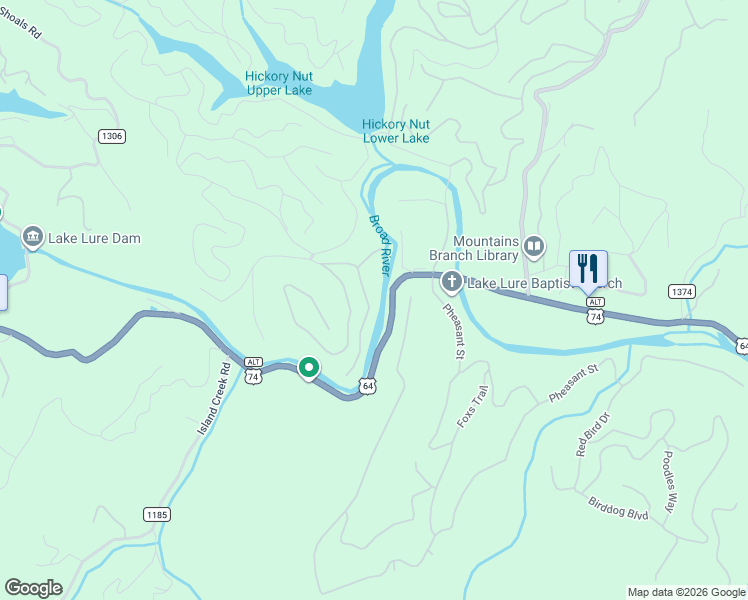 map of restaurants, bars, coffee shops, grocery stores, and more near 209 Chickadee Avenue in Lake Lure