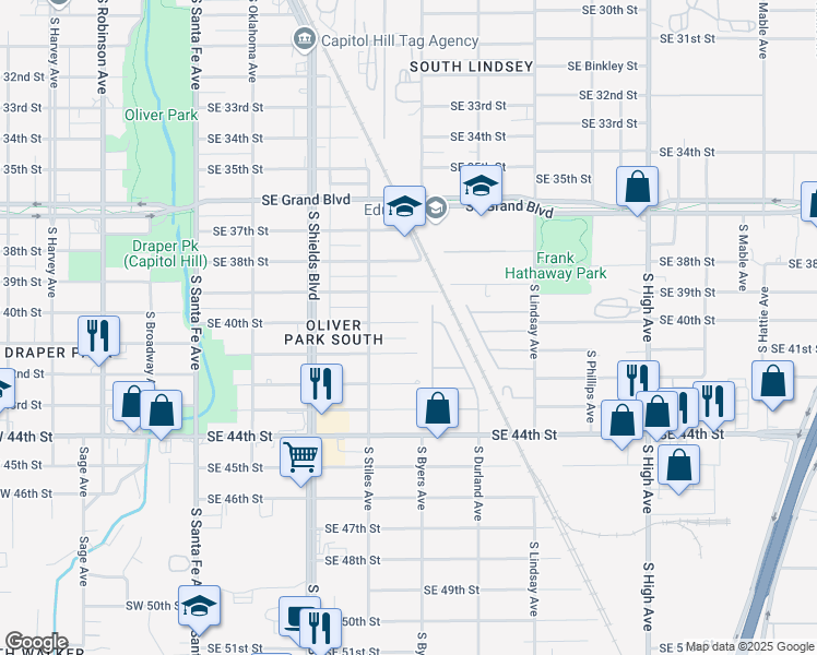 map of restaurants, bars, coffee shops, grocery stores, and more near 332 Southeast 40th Street in Oklahoma City