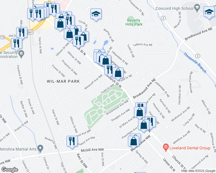 map of restaurants, bars, coffee shops, grocery stores, and more near 30 Todd Drive Northwest in Concord