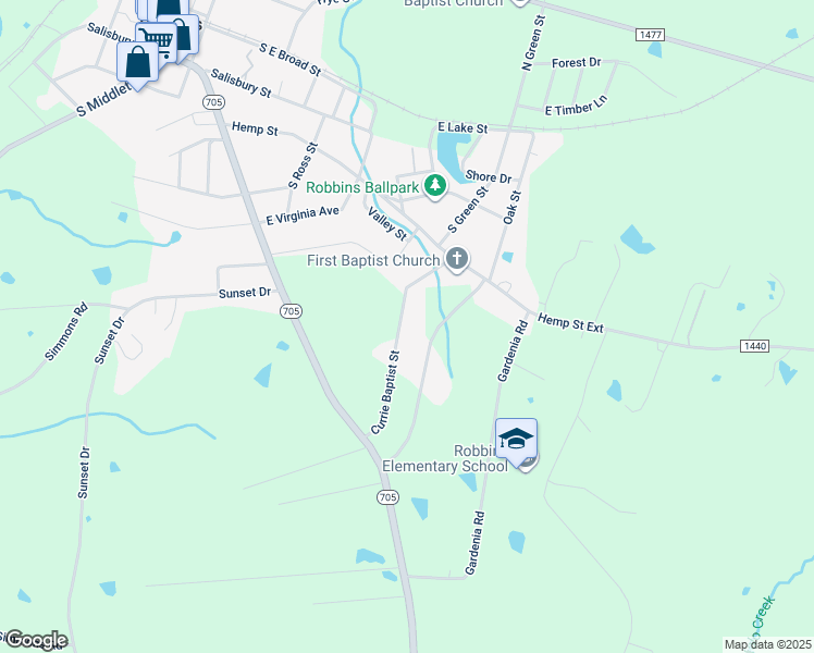 map of restaurants, bars, coffee shops, grocery stores, and more near 221 Currie Baptist Street in Robbins