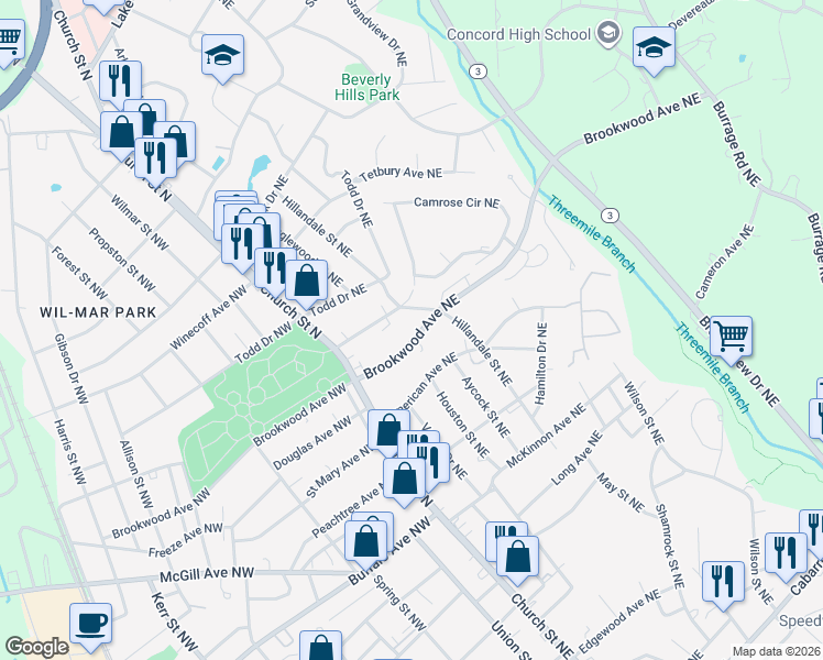 map of restaurants, bars, coffee shops, grocery stores, and more near 86 Brookwood Avenue Northwest in Concord