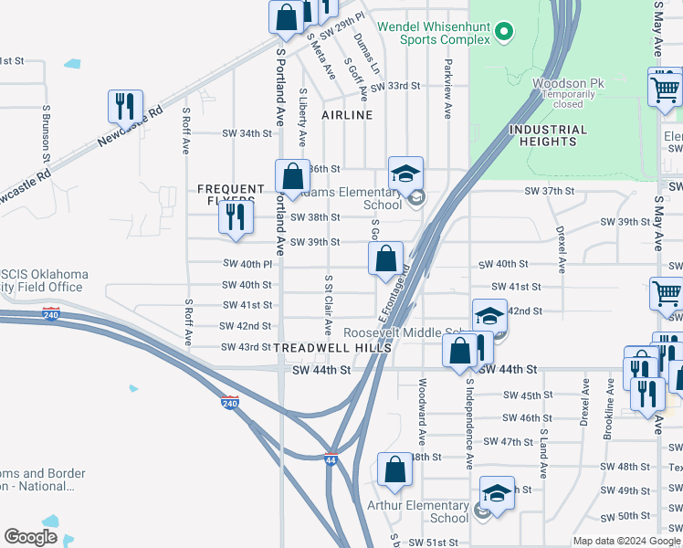 map of restaurants, bars, coffee shops, grocery stores, and more near 3534 Southwest 40th Street in Oklahoma City