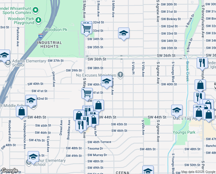map of restaurants, bars, coffee shops, grocery stores, and more near 2700 Southwest 40th Street in Oklahoma City