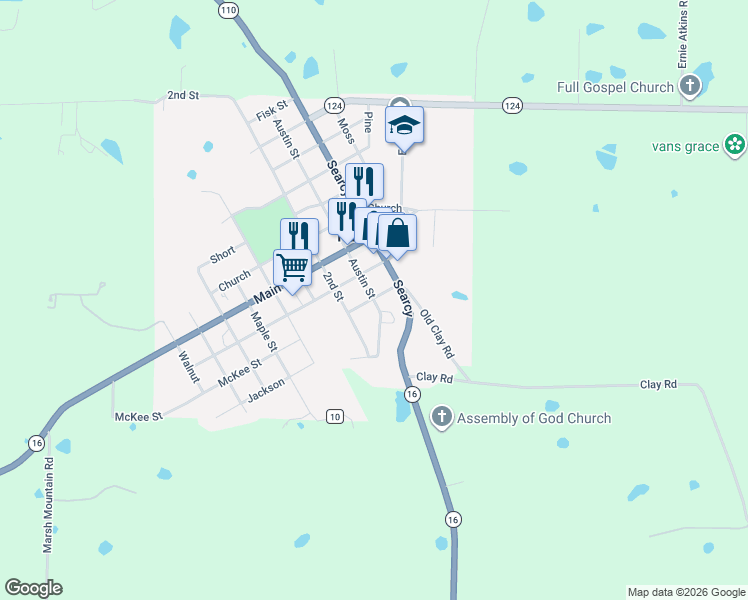 map of restaurants, bars, coffee shops, grocery stores, and more near 210 Austin Street in Pangburn