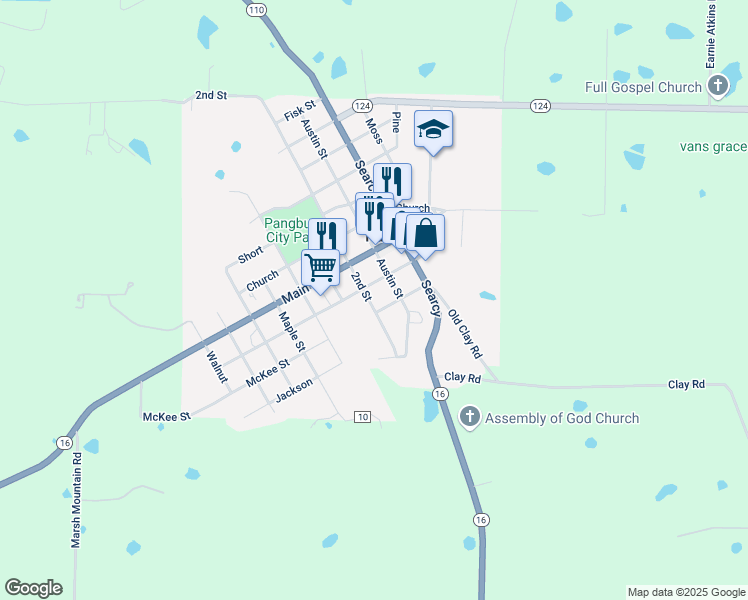 map of restaurants, bars, coffee shops, grocery stores, and more near 300 East 2nd Street in Pangburn