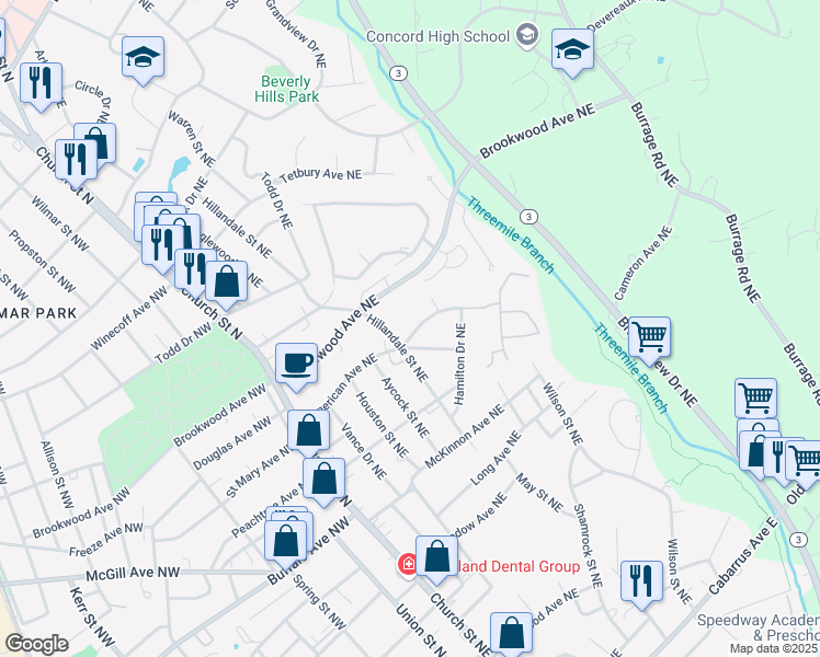 map of restaurants, bars, coffee shops, grocery stores, and more near 147 Madison Avenue Northeast in Concord
