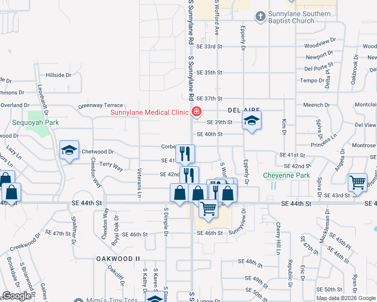 map of restaurants, bars, coffee shops, grocery stores, and more near 4221 Southeast 41st Street in Del City