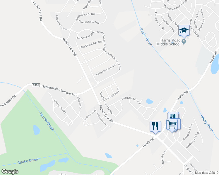 map of restaurants, bars, coffee shops, grocery stores, and more near 818 Martha's View Drive Northwest in Huntersville