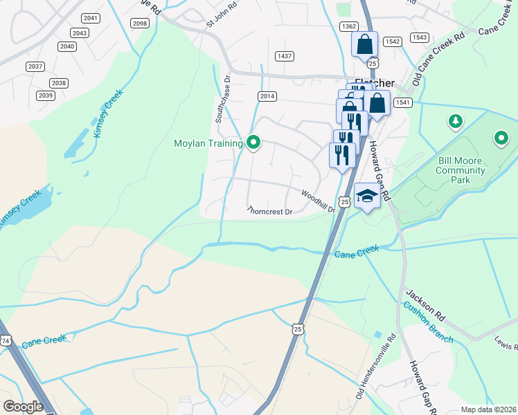 map of restaurants, bars, coffee shops, grocery stores, and more near 1016 Thorncrest Drive in Fletcher