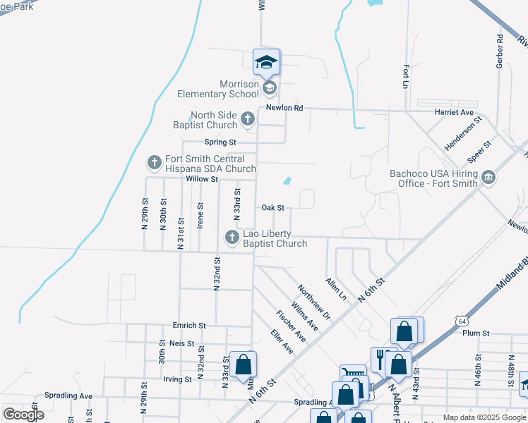 map of restaurants, bars, coffee shops, grocery stores, and more near 4610 North 35th Street in Fort Smith