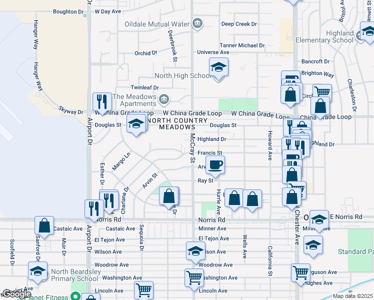 map of restaurants, bars, coffee shops, grocery stores, and more near 507 Charlana Drive in Bakersfield