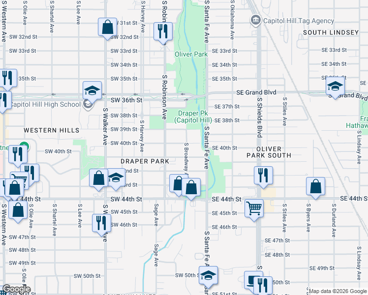 map of restaurants, bars, coffee shops, grocery stores, and more near 113 Southwest 41st Street in Oklahoma City