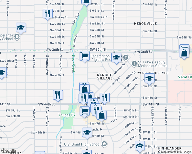 map of restaurants, bars, coffee shops, grocery stores, and more near 1530 Southwest 41st Street in Oklahoma City