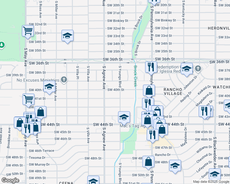 map of restaurants, bars, coffee shops, grocery stores, and more near 2301 Southwest 41st Street in Oklahoma City