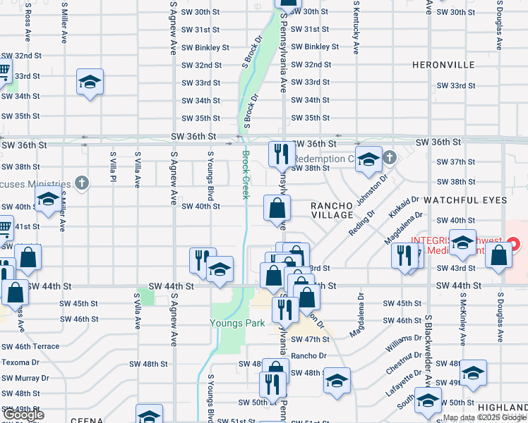 map of restaurants, bars, coffee shops, grocery stores, and more near 2133 Southwest 41st Street in Oklahoma City