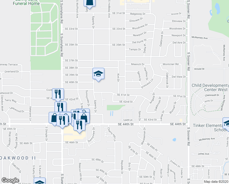 map of restaurants, bars, coffee shops, grocery stores, and more near 4200 Kim Drive in Del City