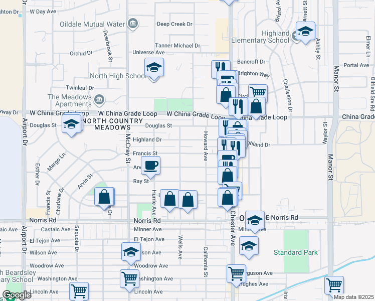 map of restaurants, bars, coffee shops, grocery stores, and more near 234 Francis Street in Bakersfield