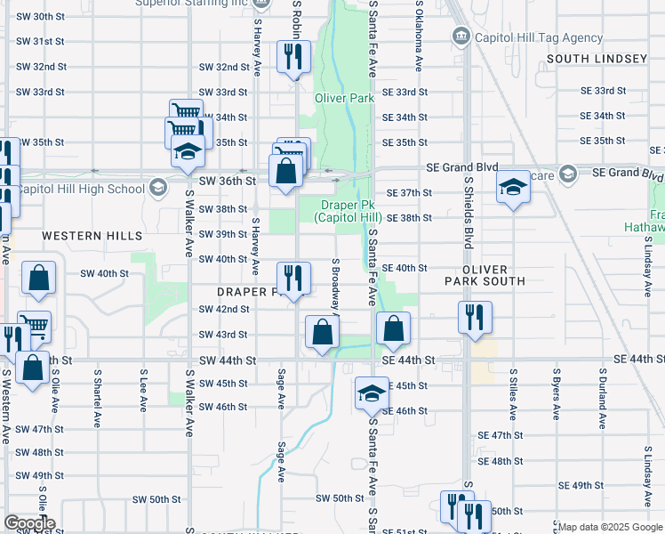 map of restaurants, bars, coffee shops, grocery stores, and more near 113 Southwest 41st Street in Oklahoma City