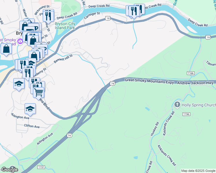 map of restaurants, bars, coffee shops, grocery stores, and more near Andrew Jackson Highway in Bryson City