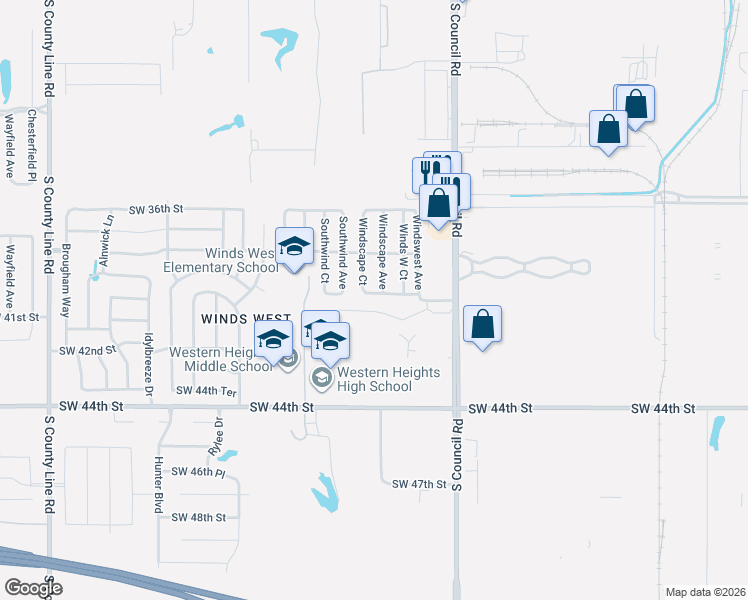 map of restaurants, bars, coffee shops, grocery stores, and more near 8138 Southwest 38th Street in Oklahoma City