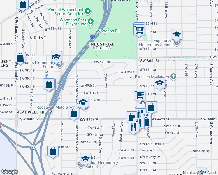 map of restaurants, bars, coffee shops, grocery stores, and more near 3041 Southwest 41st Street in Oklahoma City