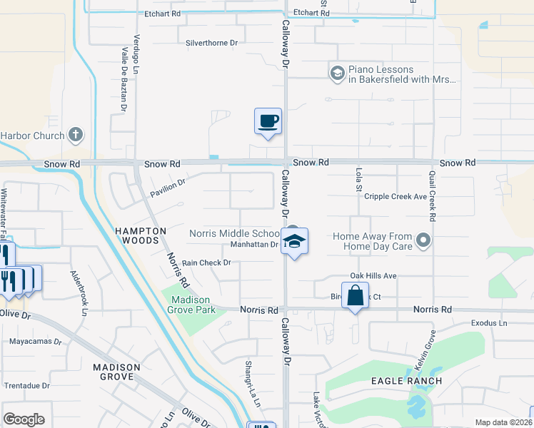 map of restaurants, bars, coffee shops, grocery stores, and more near 9709 Commodore Drive in Bakersfield