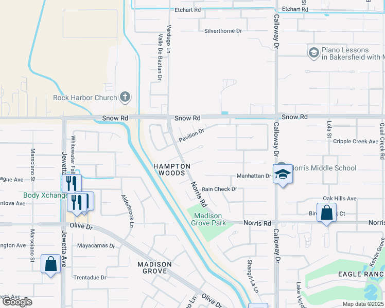 map of restaurants, bars, coffee shops, grocery stores, and more near 10302 Malaguena Court in Bakersfield