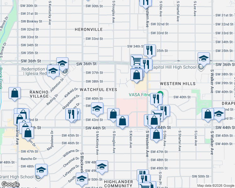 map of restaurants, bars, coffee shops, grocery stores, and more near 4100 South Douglas Avenue in Oklahoma City
