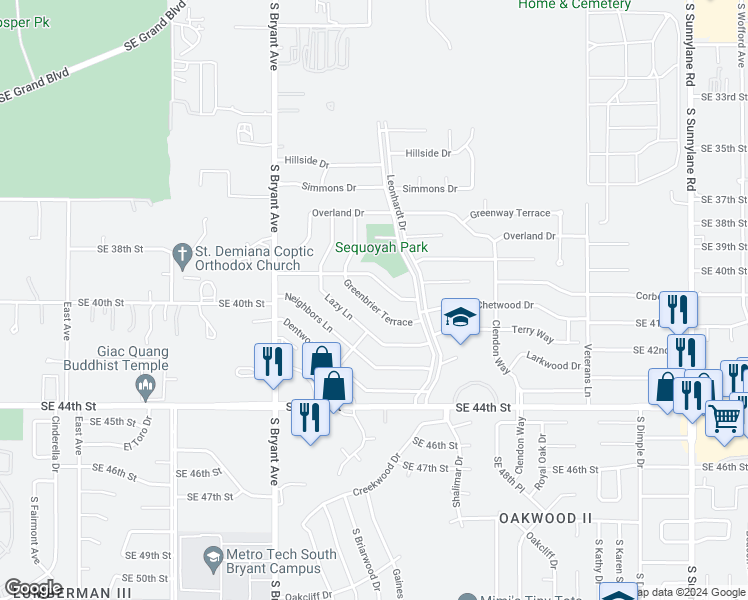 map of restaurants, bars, coffee shops, grocery stores, and more near 3229 Greenbrier Terrace in Del City