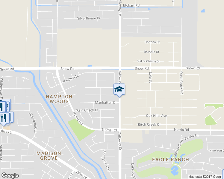 map of restaurants, bars, coffee shops, grocery stores, and more near 9709 Commodore Drive in Bakersfield