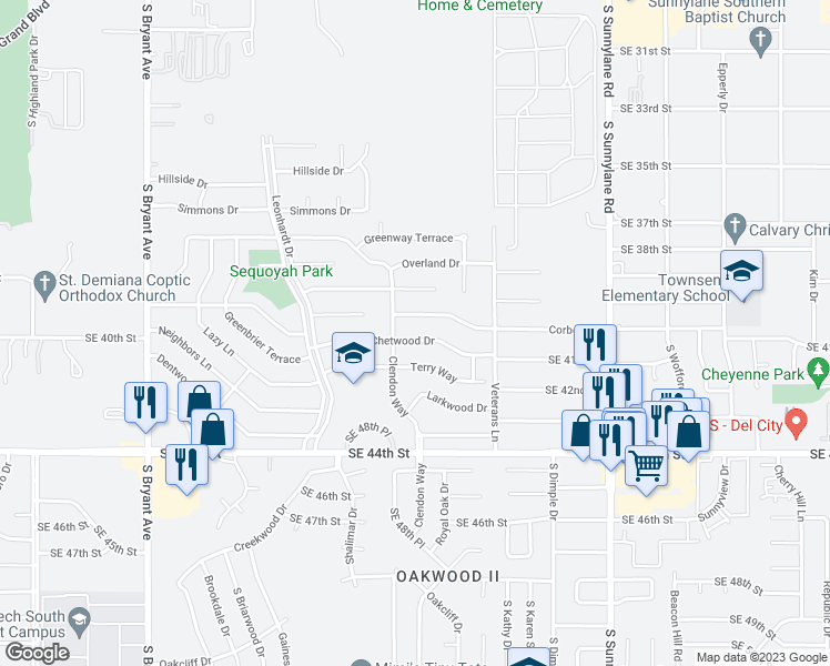map of restaurants, bars, coffee shops, grocery stores, and more near 3713 Chetwood Drive in Del City