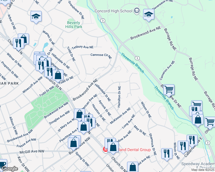 map of restaurants, bars, coffee shops, grocery stores, and more near 153 Madison Avenue Northeast in Concord