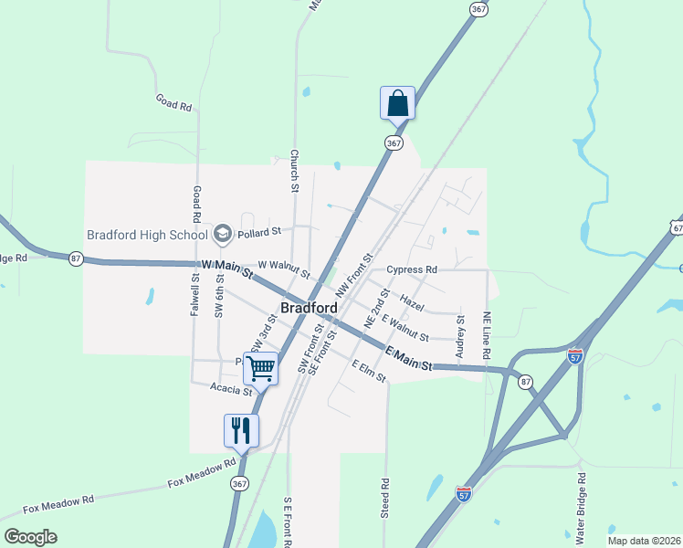 map of restaurants, bars, coffee shops, grocery stores, and more near 210 Northeast Front Street in Bradford