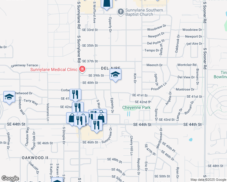 map of restaurants, bars, coffee shops, grocery stores, and more near 4213 Epperly Drive in Del City