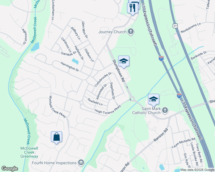 map of restaurants, bars, coffee shops, grocery stores, and more near 14912 Carbert Lane in Huntersville