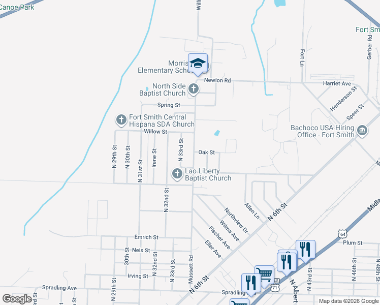 map of restaurants, bars, coffee shops, grocery stores, and more near 4615 Mussett Road in Fort Smith