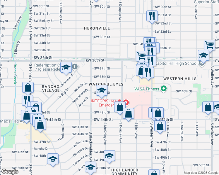 map of restaurants, bars, coffee shops, grocery stores, and more near 1125 Southwest 40th Street in Oklahoma City