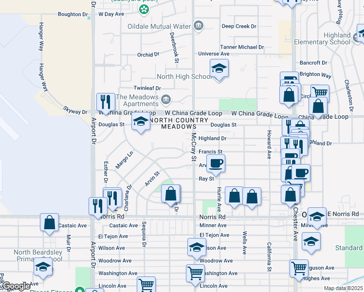 map of restaurants, bars, coffee shops, grocery stores, and more near 500 Francis Street in Bakersfield