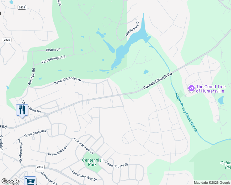 map of restaurants, bars, coffee shops, grocery stores, and more near in Huntersville