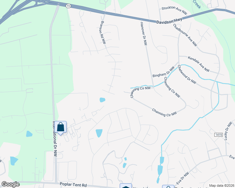 map of restaurants, bars, coffee shops, grocery stores, and more near 4125 Medford Drive Northwest in Concord