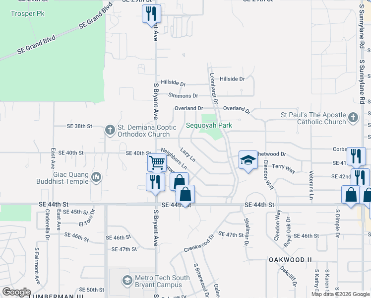 map of restaurants, bars, coffee shops, grocery stores, and more near 3121 Lazy Lane in Del City