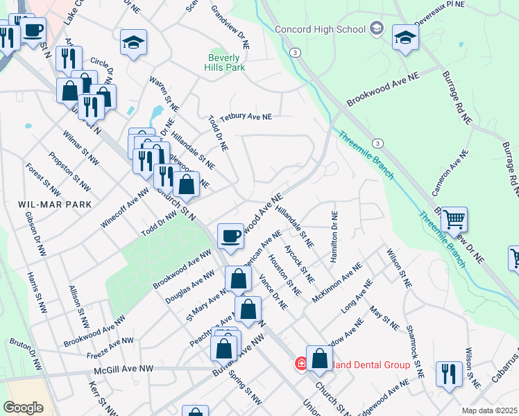 map of restaurants, bars, coffee shops, grocery stores, and more near 107 Brookwood Avenue Northeast in Concord