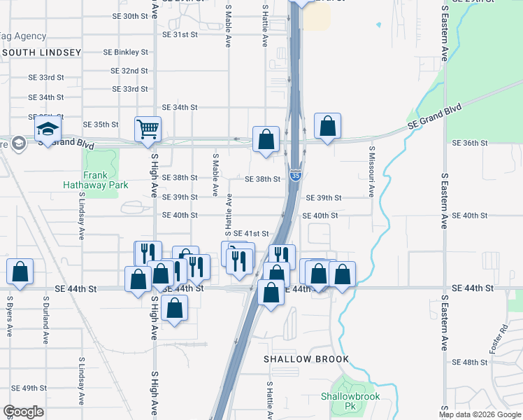 map of restaurants, bars, coffee shops, grocery stores, and more near 1401 Southeast 41st Street in Oklahoma City