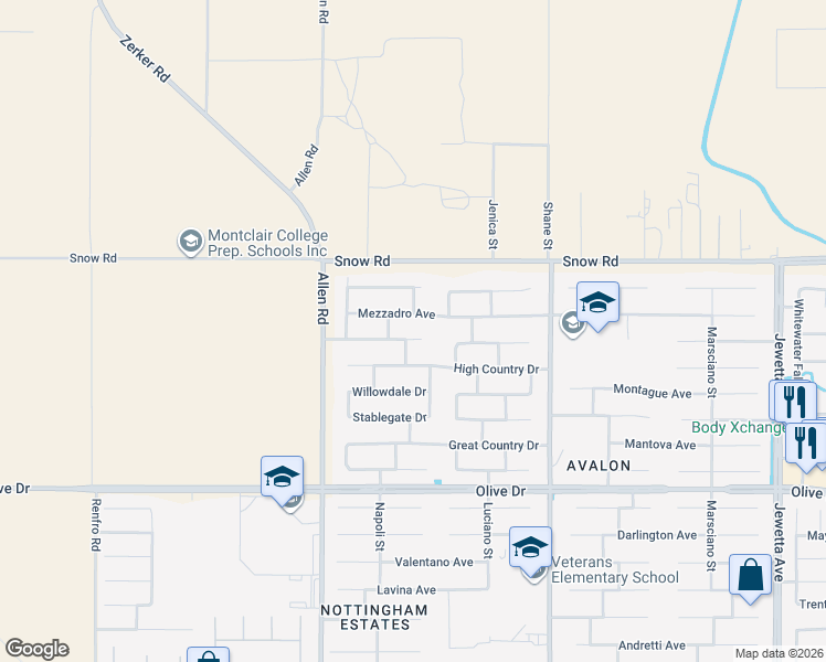 map of restaurants, bars, coffee shops, grocery stores, and more near 12514 High Country Drive in Bakersfield